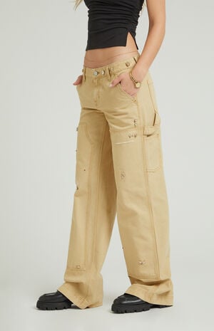 Tan Rhinestone Low Rise Baggy Carpenter Pants image number 3