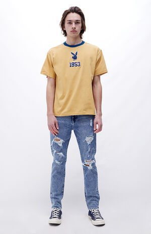 Medium Indigo Acid Destroyed Slim Taper Jeans image number 4