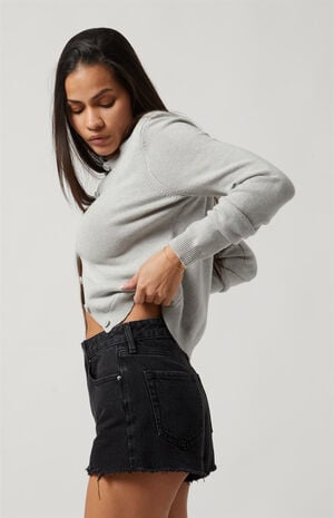 Black Frayed Ripped High Waisted Denim Festival Shorts image number 3