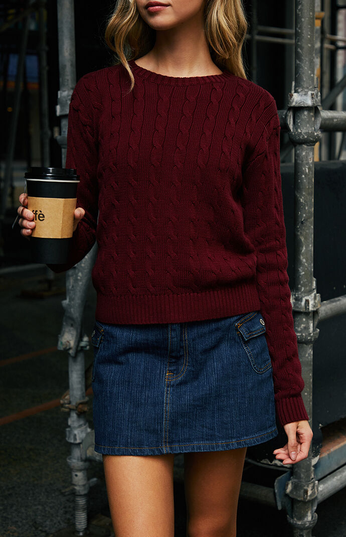 John Galt Burgundy Brianna Cable Knit Cropped Sweater PacSun