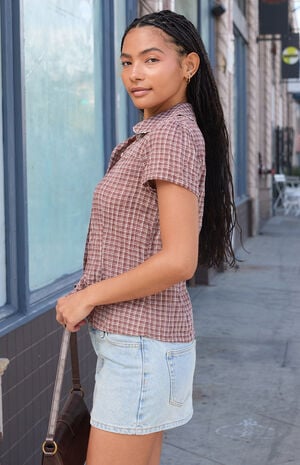 Brown Plaid Textured Teagan Collared Top image number 3