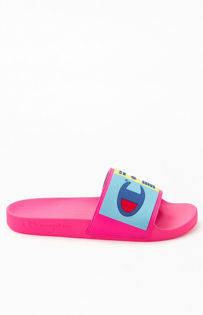 pink and blue champion slides