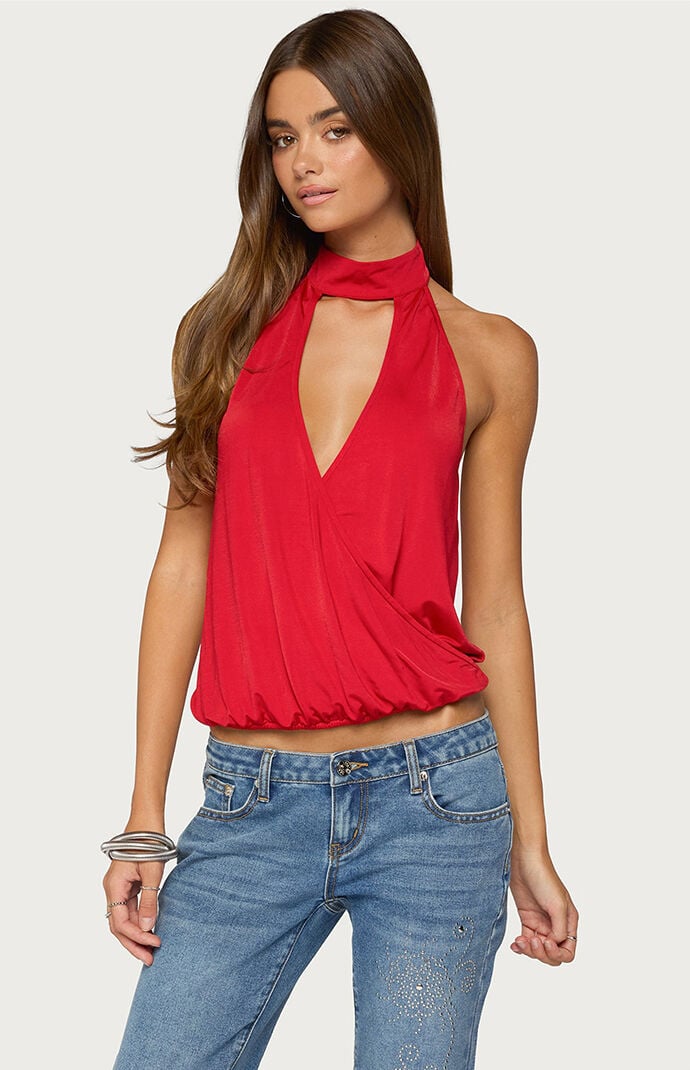 Edikted Lizah High Neck Cutout Wrap Top | Pacsun