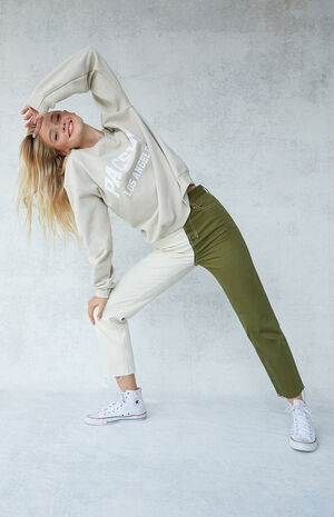 Olive Two-Tone High Waisted Straight Leg Jeans image number 4