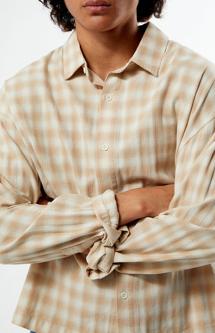Pacsun Cream Plaid Long Sleeve Button Down Shirt