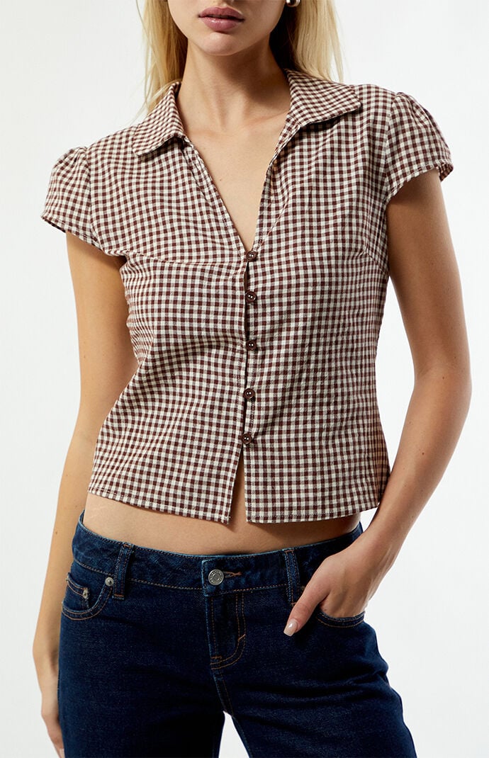 Your Favorite Gingham Button Down Short Sleeve Top