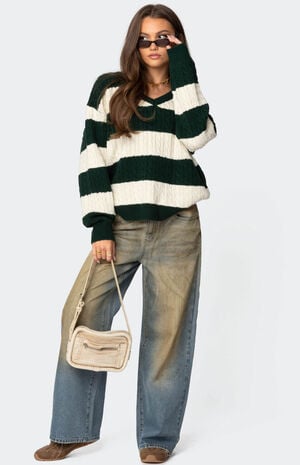Oversized Striped Cable Knit Sweater image number 2