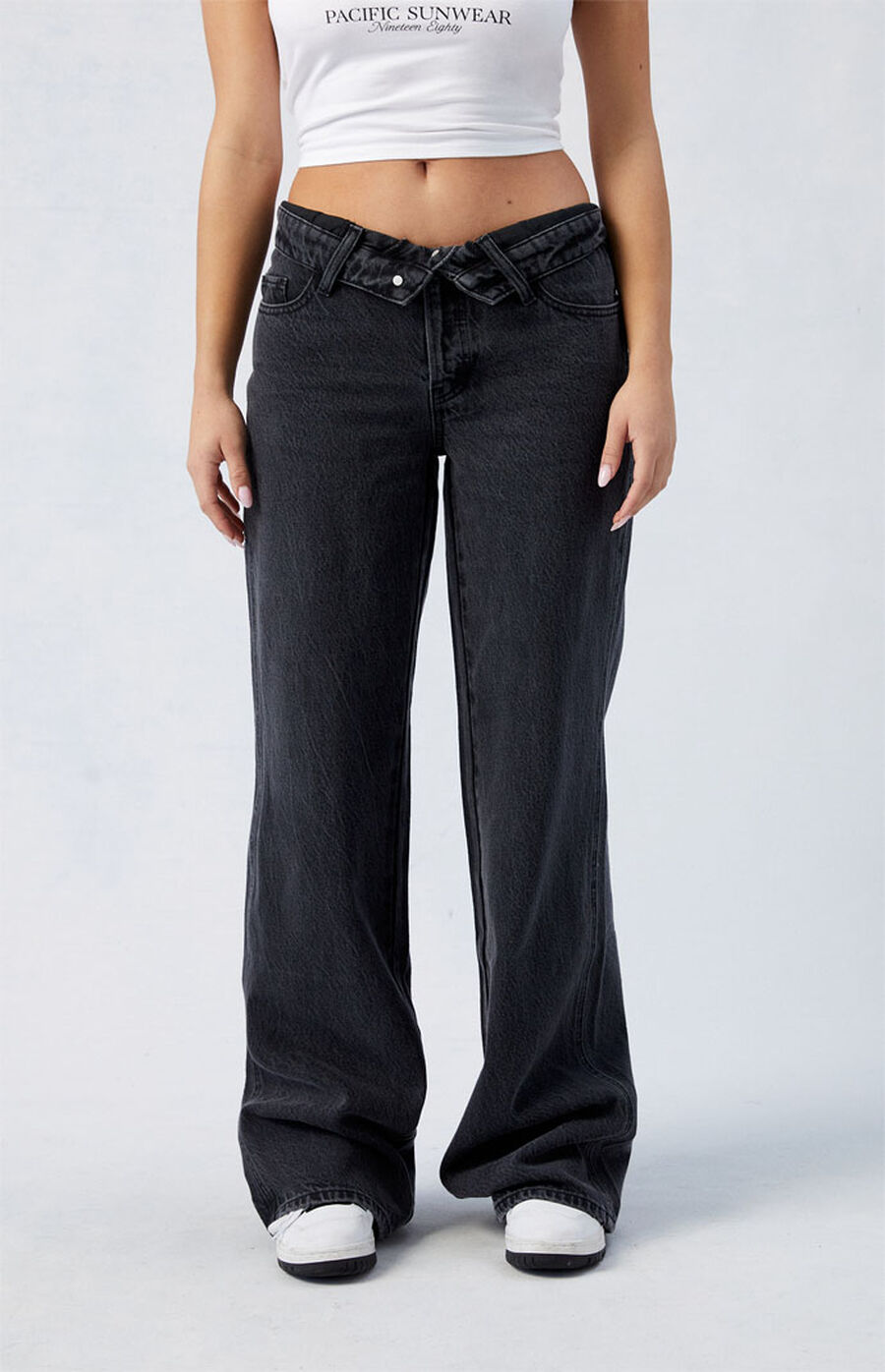 Button Foldover Low Rise Baggy Jeans