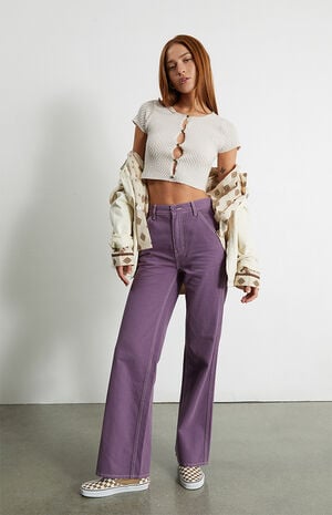 Purple Cinched Waistband Ultra High Waisted Flare Pants image number 6