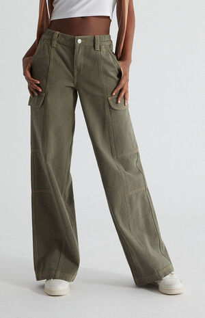 Olive Low Rise Puddle Cargo Pants Olive Low Rise Puddle Cargo Pants image number 3