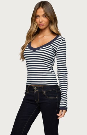 Kimi Striped Long Sleeve V Neck Top image number 2