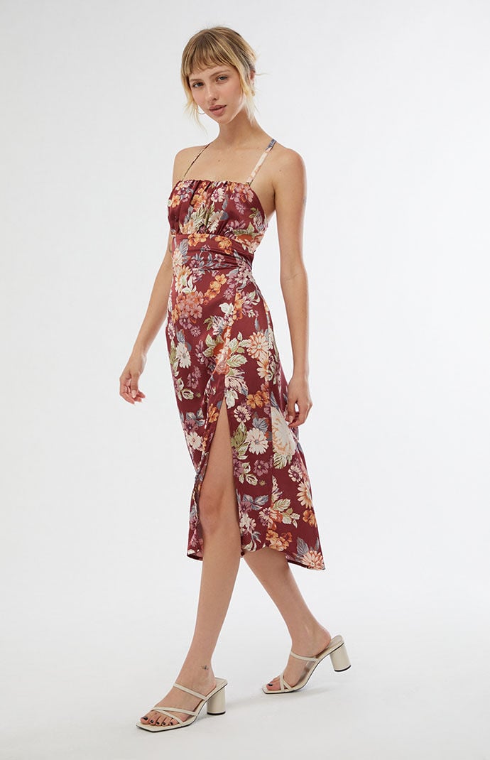 DRESS FORUM Floral Satin Shirred Tie Back Midi Dress PacSun