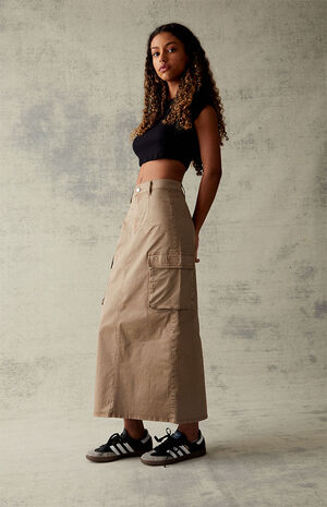 Mocha Stretch High Waisted Cargo Midi Skirt image number 3