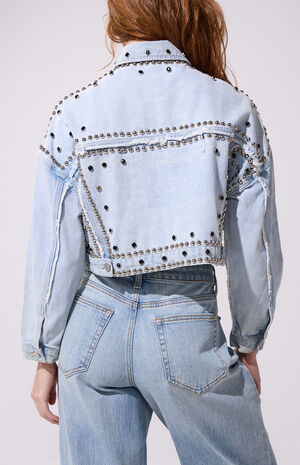 Jazella Light Blue Studded Cropped Denim Jacket image number 4
