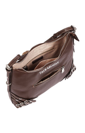 Chocolate Triple Straps Large Faux Leather Hobo Bag image number 6