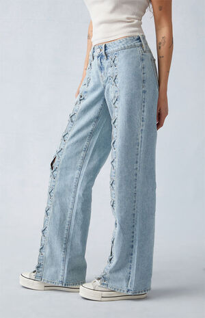 Light Indigo Lace-Up Low Rise Wide Leg Jeans image number 3