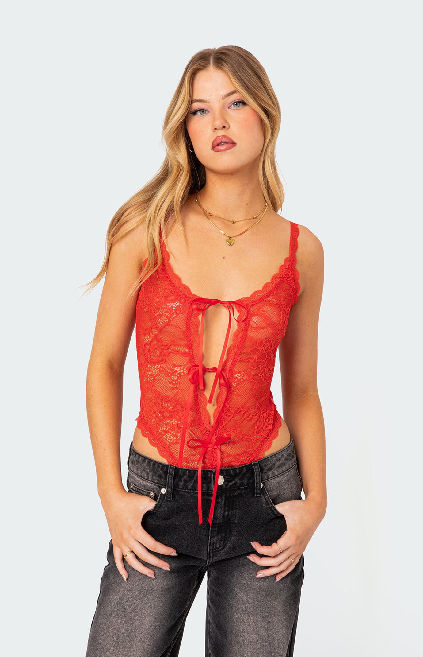 Edikted Maribelle Tie Front Sheer Lace Bodysuit | PacSun