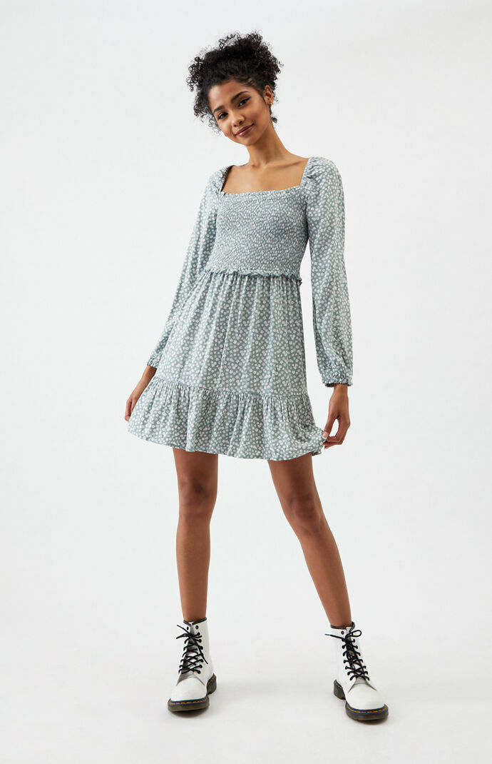 Smocked long sleeve mini dress
