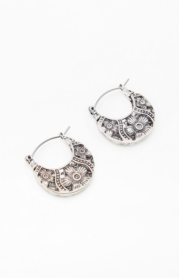 LA Hearts Etched Flower Hoop Earrings