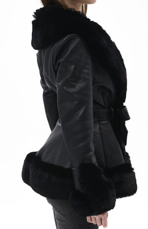 Kenzy Black Faux Leather & Fur Belted Coat image number 2