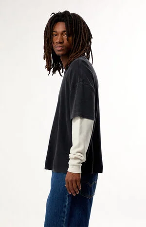 Black Waffle Knit 2Fer Layered Long Sleeve T-Shirt image number 2