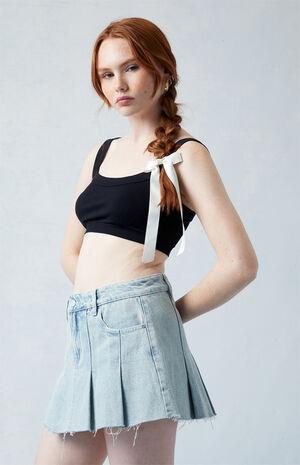 Eco Light Indigo Low Rise Pleated Denim Mini Skirt image number 3