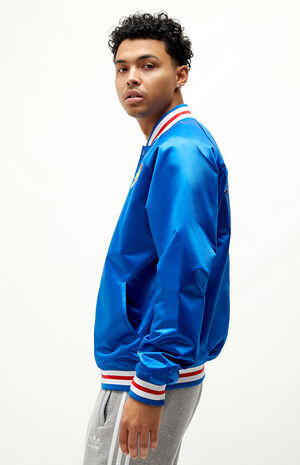 White Satin Baseball Jacket with Royal Blue Pockets