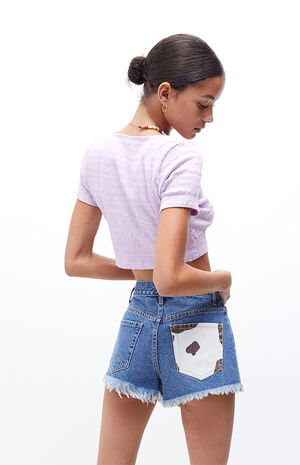 Cow Print Pocket Vintage High Waisted Denim Shorts image number 5