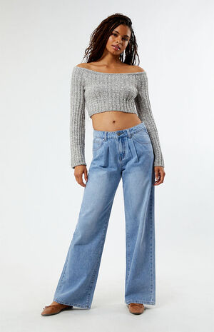 Light Blue Pleated Low Rise Baggy Jeans image number 1