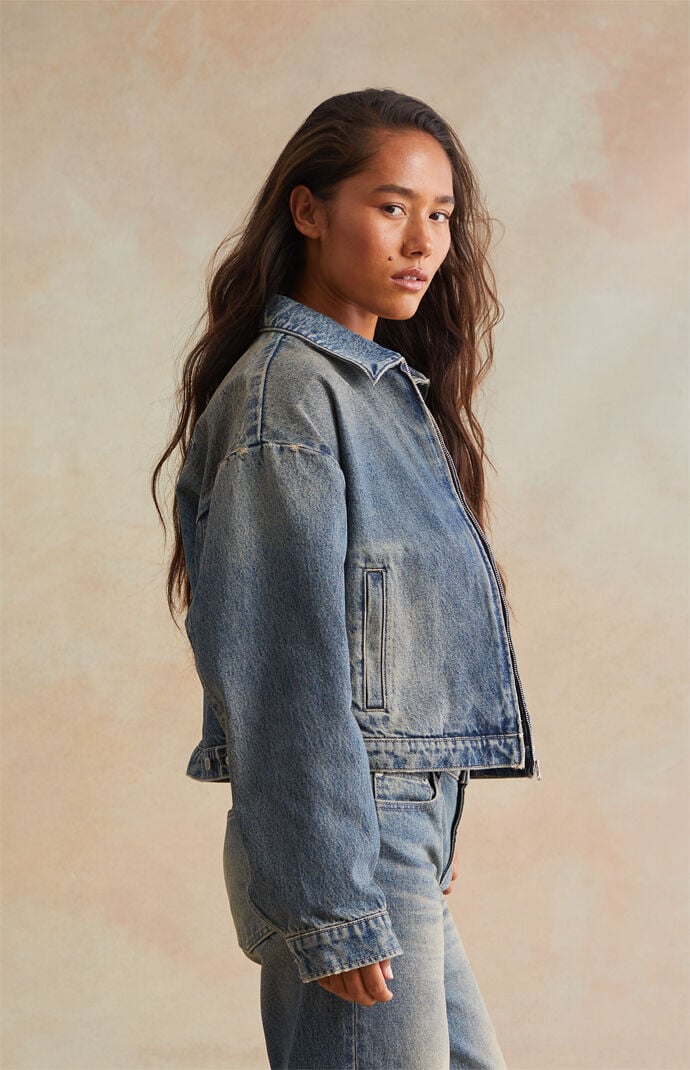 RARE DNM EDIT Medium Blue Embossed Denim Cropped Gas Jacket | Pacsun