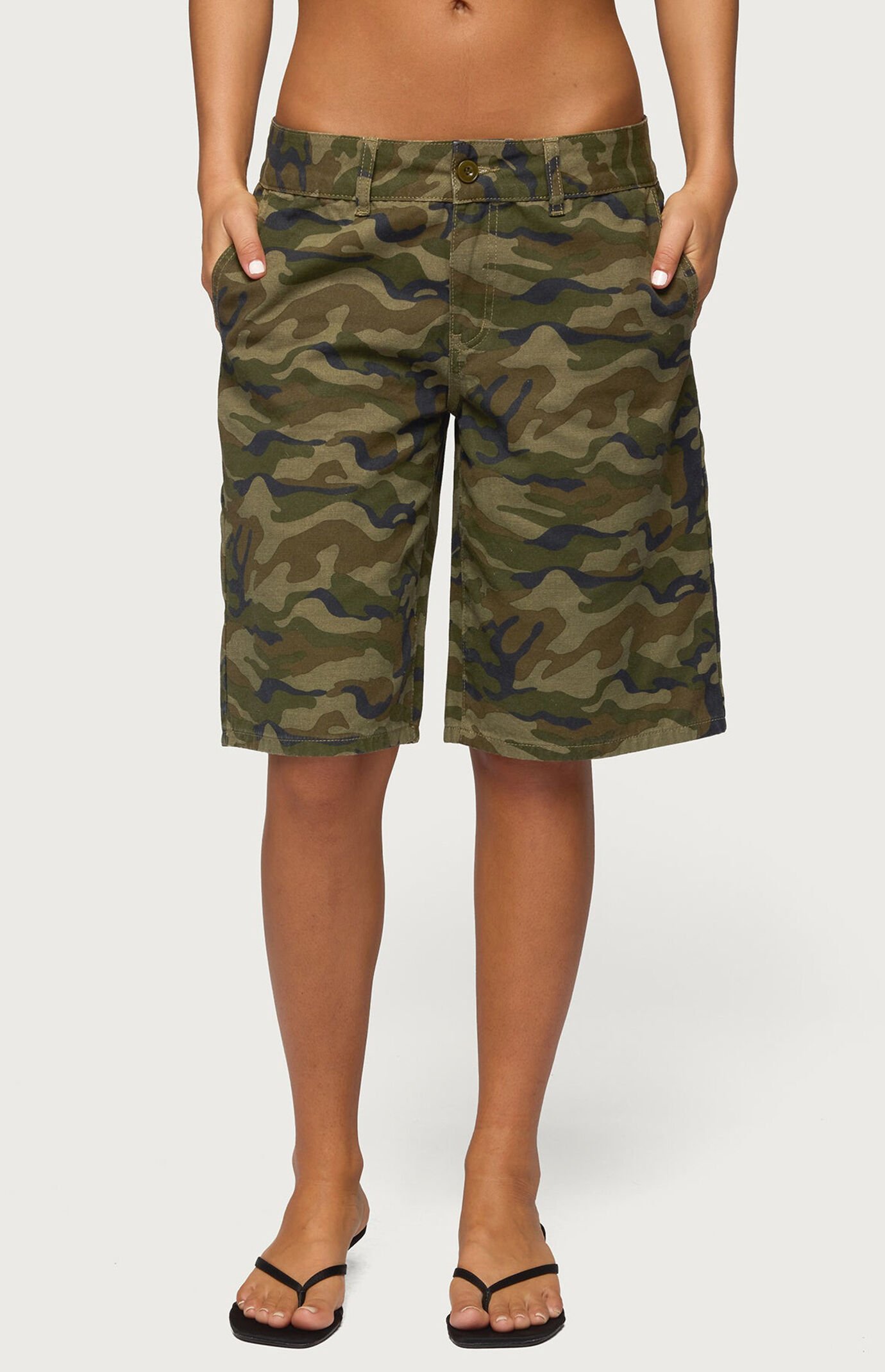 Edikted Camo Denim Low Rise Bermuda Shorts