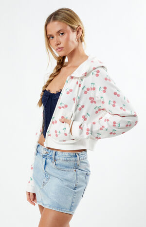 Cherry Print Full Zip Cropped Hoodie image number 3