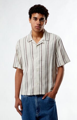 Tan Striped Oversized Camp Shirt image number 1