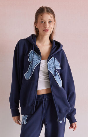 Denim Bow Applique Zip Up Hoodie image number 1