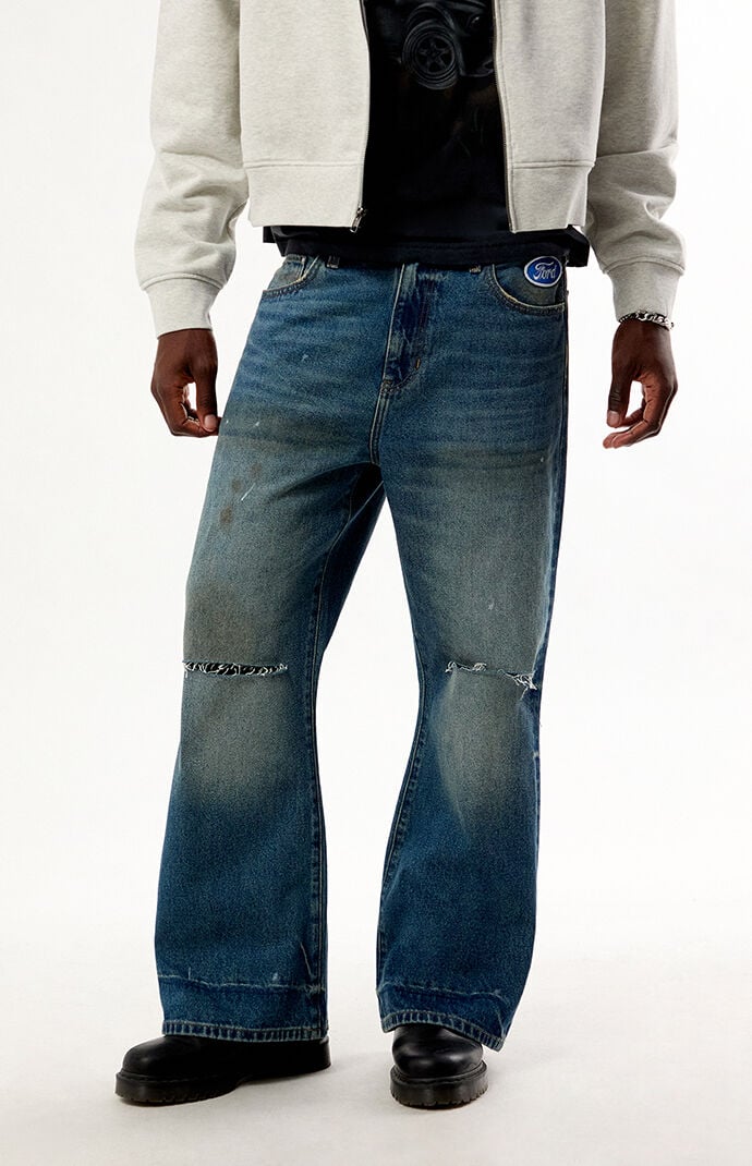 FORD Medium Indigo Ripped Baggy Bootcut Jeans