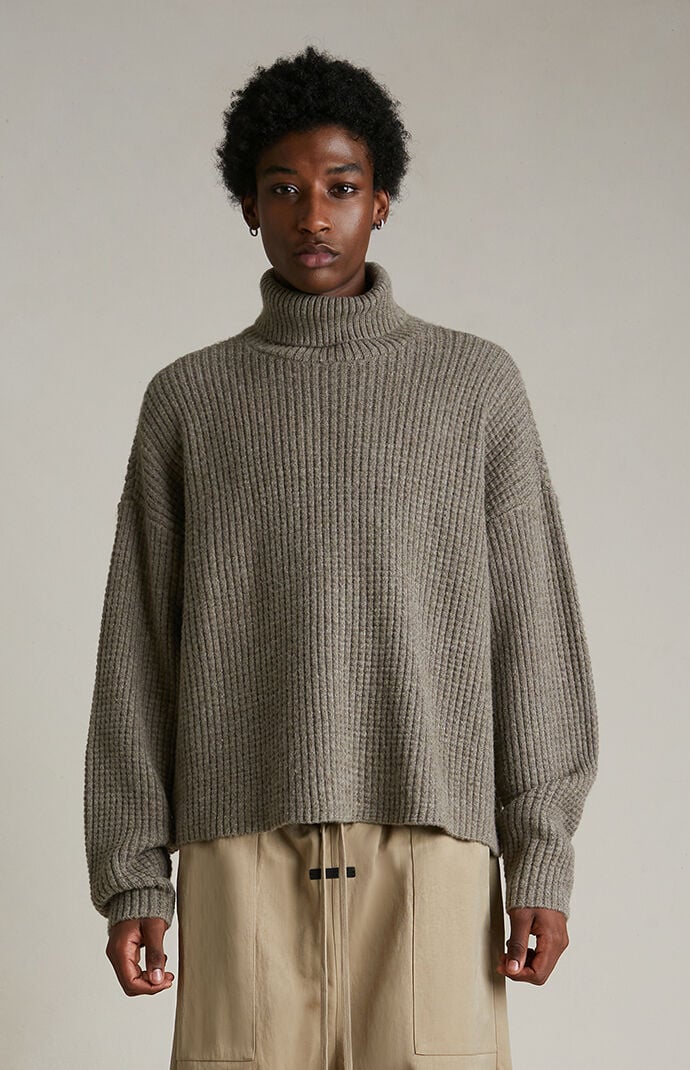 Fear of God Essentials Heather Grey Heavy Waffle Knit Turtleneck Sweater PacSun