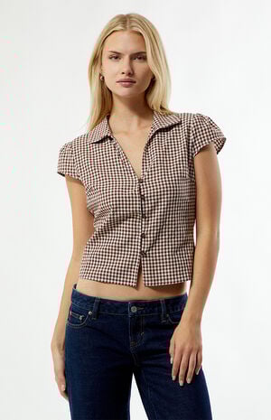 Gingham Button Down Short Sleeve Top image number 2