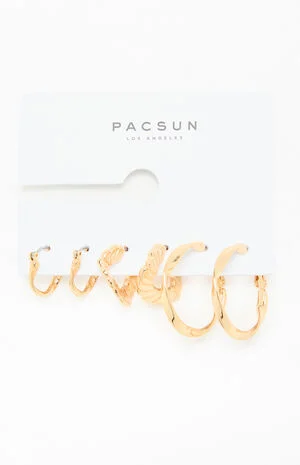 3 Pack Gold Textured Hoop Earrings image number 1