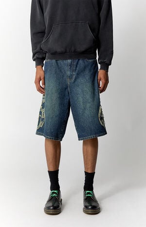 Austin Extreme Baggy Jean Shorts Cyber Applique Dark Blue image number 2