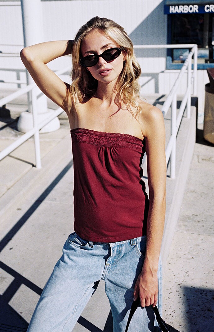 John Galt Burgundy Lucky Lace Tube Top