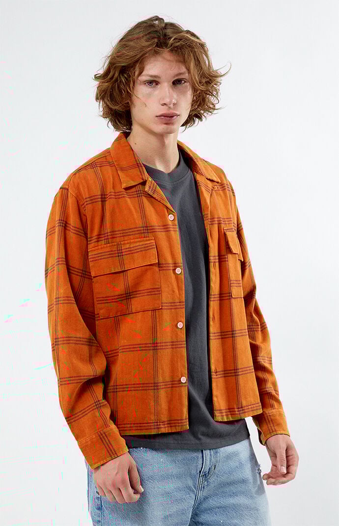 Pacsun Men s Washed Cropped Flannel Shirt in Orange Size Small