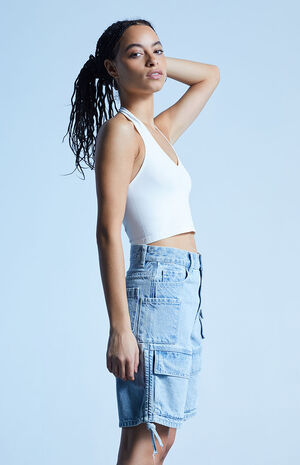 Light Blue High Waisted Denim Cargo Shorts image number 3