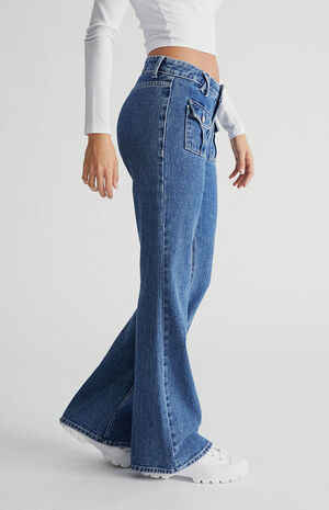 Medium Blue Low Rise Cargo Flare Jeans image number 2