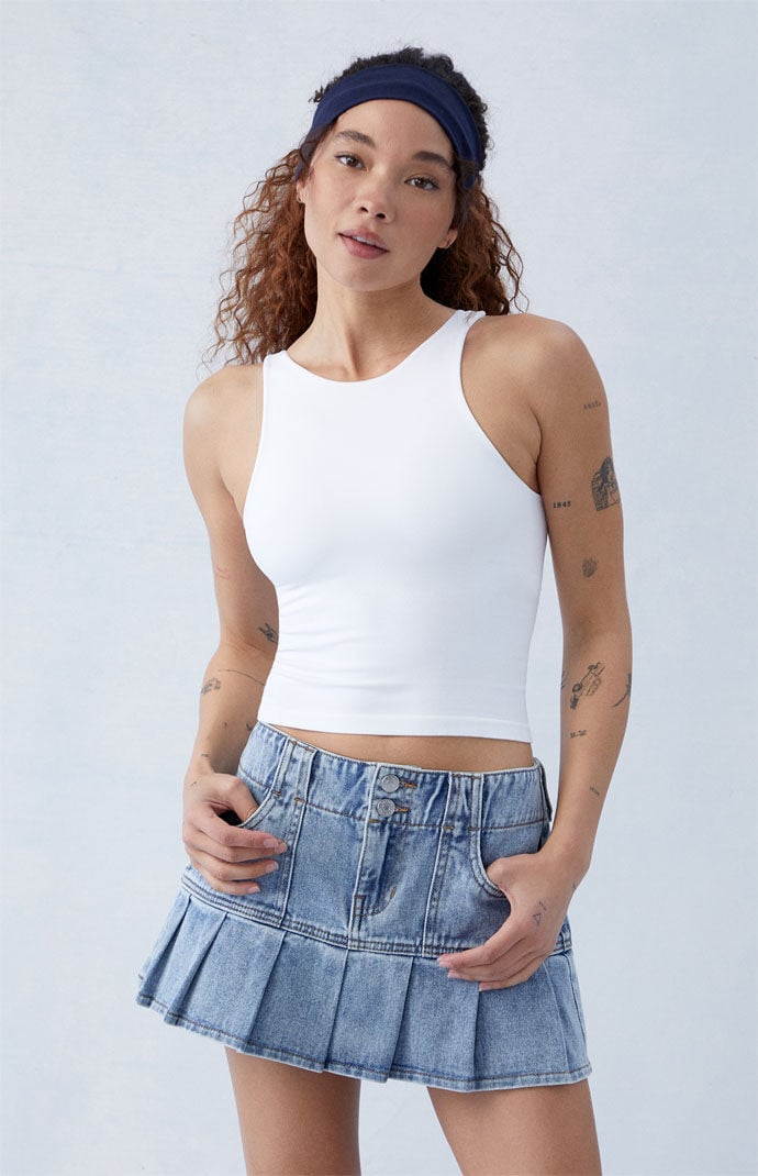 Eco Medium Indigo Pleated Low Rise Denim Mini Skirt