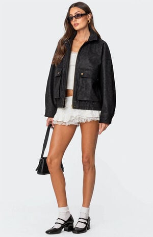 Cargo Faux Leather Bomber Jacket image number 2