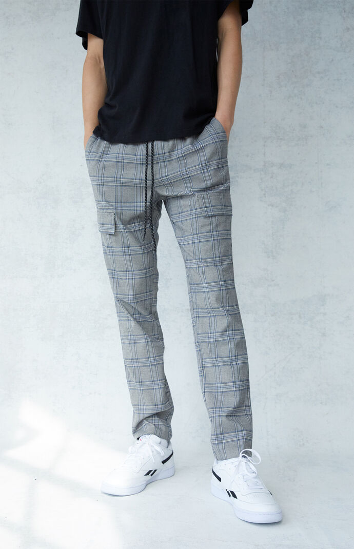 Gray Plaid Slim Cargo Pants