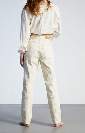 White Frayed Paneled Dad Jeans image number 4