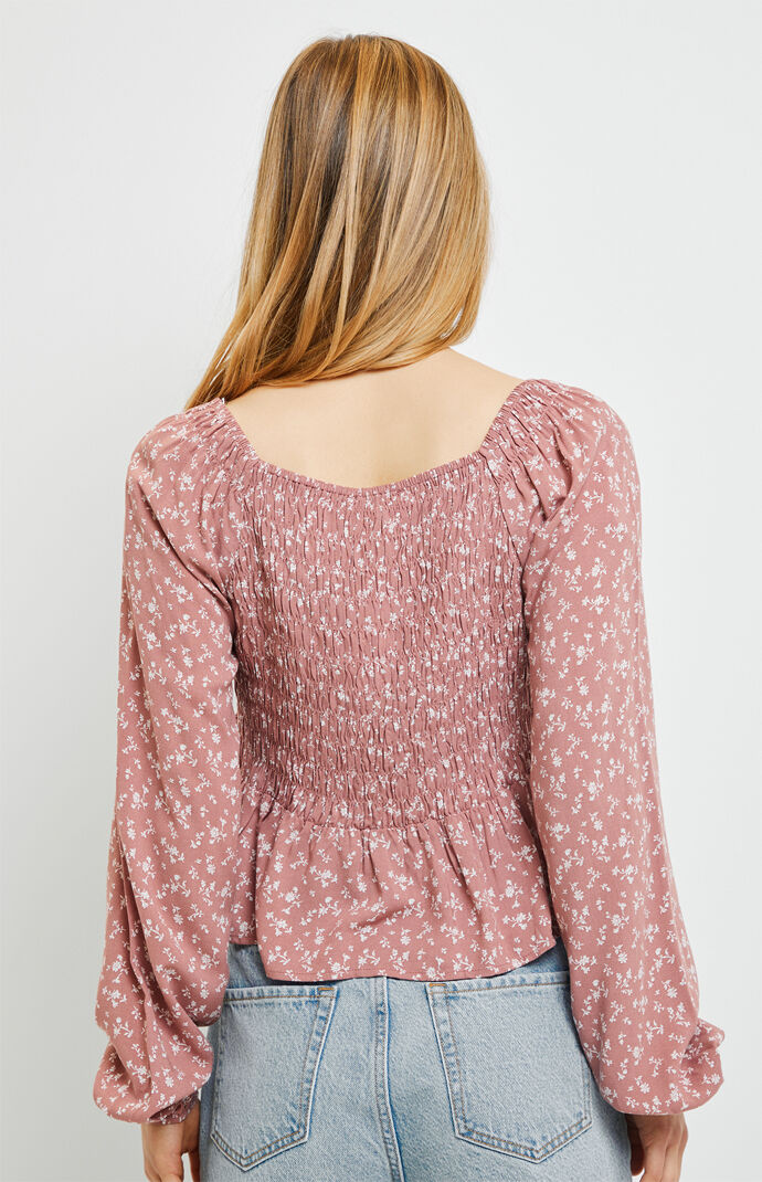 Long Sleeve Smocked V-Neck Babydoll Top
