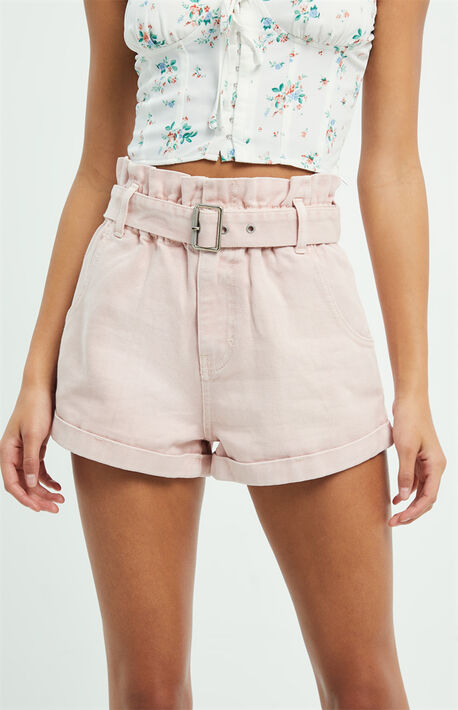 Nude Pink Paperbag Waist Denim Mom Shorts