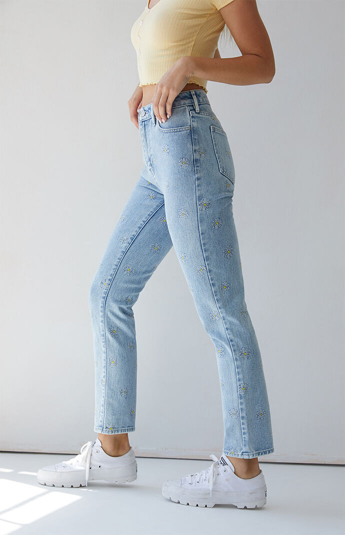 Daisy Embroidered Mom Jeans